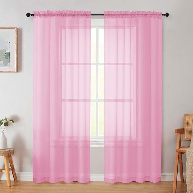 Pink Sheer Curtain for Bedroom Living Room 72 Inches Long 2 Panels Set, Solid Soft Airy Light Filtering Sheer Window Curtains, Modern Rod Pocket Door Curtain, Pink, 42" Wx72 L Inches