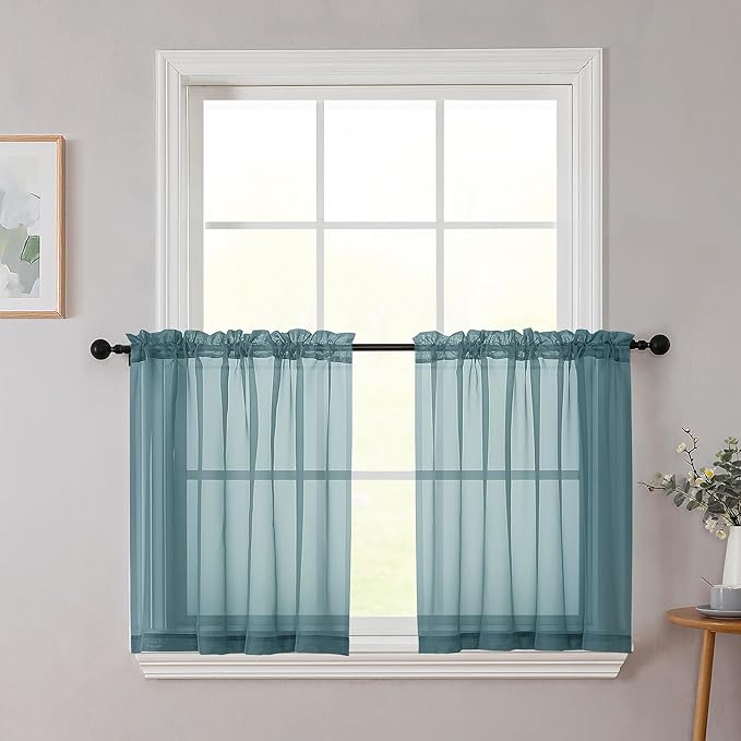 Kitchen Curtains 24 Inch Length Tier 2 Pieces, Dusty Blue Sheer Curtain Solid Soft Sheer Short Curtains for Windows, Cafe Bathroom Basement Rod Pocket Drapes, Dusty Blue, Each 42"Wx24"L Inch