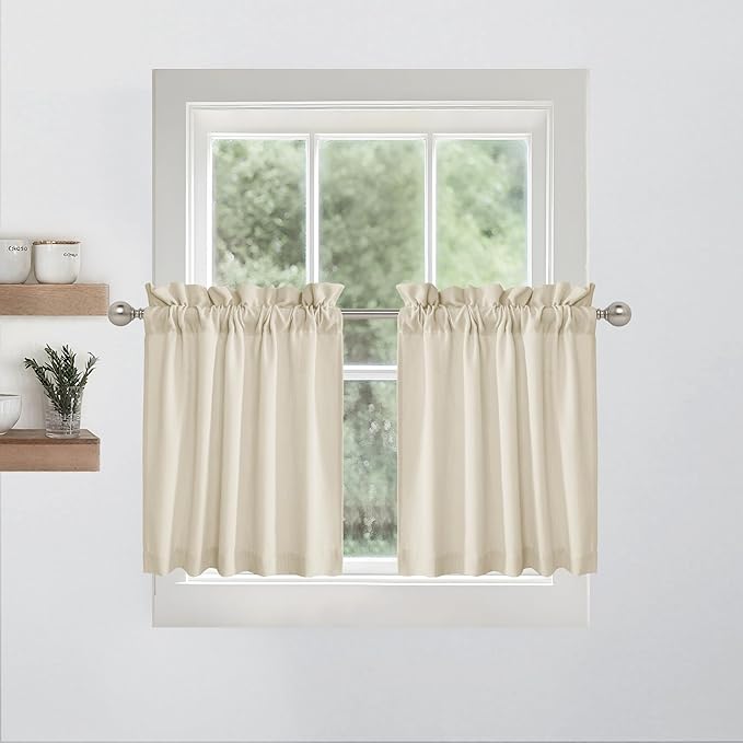RYB HOME Cafe Curtains 24 inches Length, 2 Panels Kitchen Curtains and Valances Set Faux Linen Blended Shabby Privacy Protect Topper for Kitchen Living Room, Rod Pocket, Linen, W 26 x L 24 inch