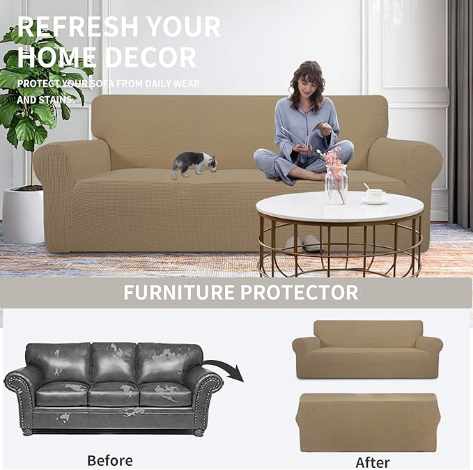 Easy-Going Stretch Chair Sofa Slipcover 1-Piece Couch Sofa Cover Furniture Protector Soft with Elastic Bottom for Kids, Pet. Spandex Jacquard Fabric Small Checks (Chair, Tan)