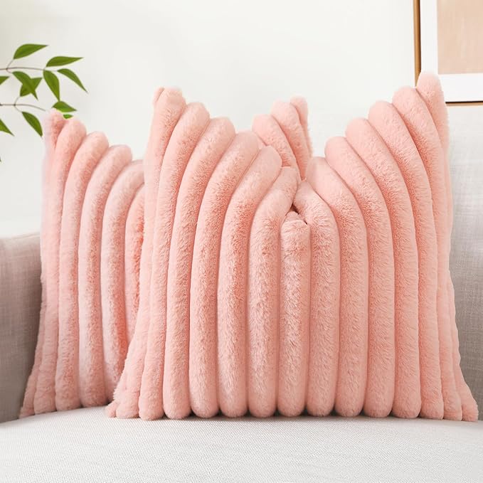 decorUhome Summer Cozy Faux Fur Throw Pillow Covers 20x20 Set of 2 Decorative Plush Striped Modern Farmhouse Boho Couch Pillow Cases with Velvet Back for Sofa Bed Living Room, Blush Pink