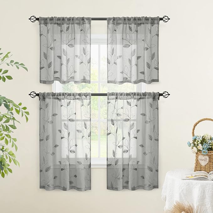 HOMEIDEAS Grey Sheer Kitchen Curtains 30 X 24 Inch Length 2 Panels Embroidered Leaf Pattern Short Curtains for Small Window Valance Tiers