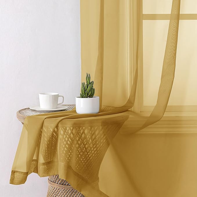 Lecloud Gold Sheer Curtains 84 Inches Long 2 Panels, Light Filtering Airy Voile Window Curtains for Bedroom Living Room, Dual Rod Pocket Elegant Sheer Window Treatments, 40" W x 84" L