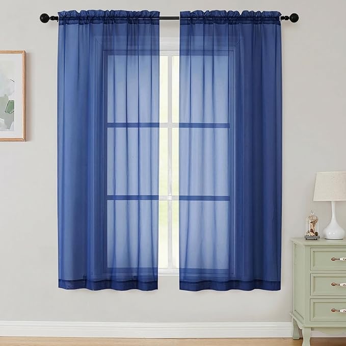 Sheer Curtains 63 Inch Length 2 Panels Set for Living Room Bedroom, Airy Soft Light Filtering Sheer Dining Room Curtains, Modern Rod Pocket Drapes, Royal Blue, Each 42" Wx63 L