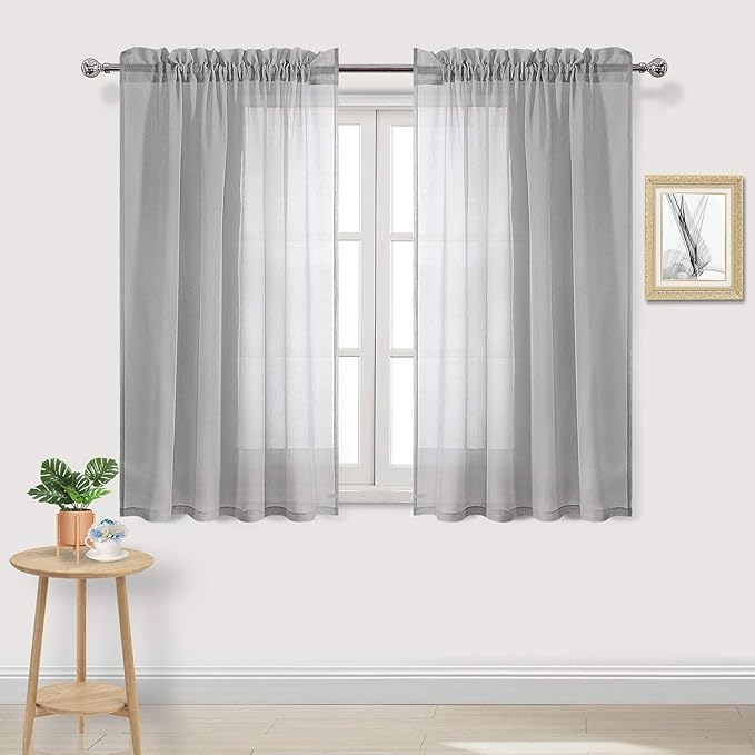 DWCN Grey Sheer Curtains Semi Transparent Voile Rod Pocket Curtains for Bedroom and Living Room, 52 x 45 inches Long, Set of 2 Panels
