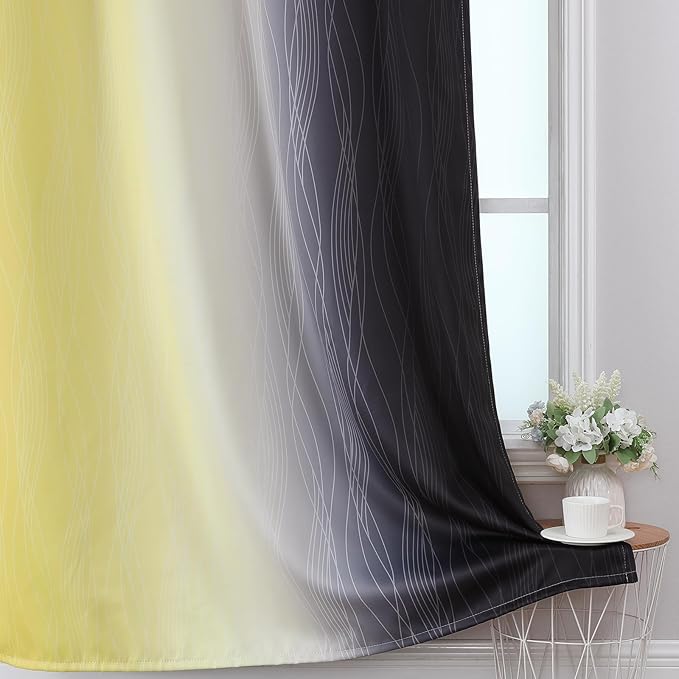 Estelar Textiler Yellow and Black Ombre Blackout Curtains 54 Inch Length, Full Room Darkening Gradient Drapes for Kitchen, Thermal Insulated Grommet Curtains for Short Window, 42Wx54L,2 Panels