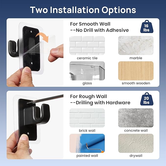 ENJOYBASICS 2 Pack No Drill Curtain Rods for Window 48 to 84 Inches, 5/8 Inch Diameter Renter Friendly Drapery Rod with Adhesive Brackets without Drilling, Adjustable from 27 to 90 Inches, Black