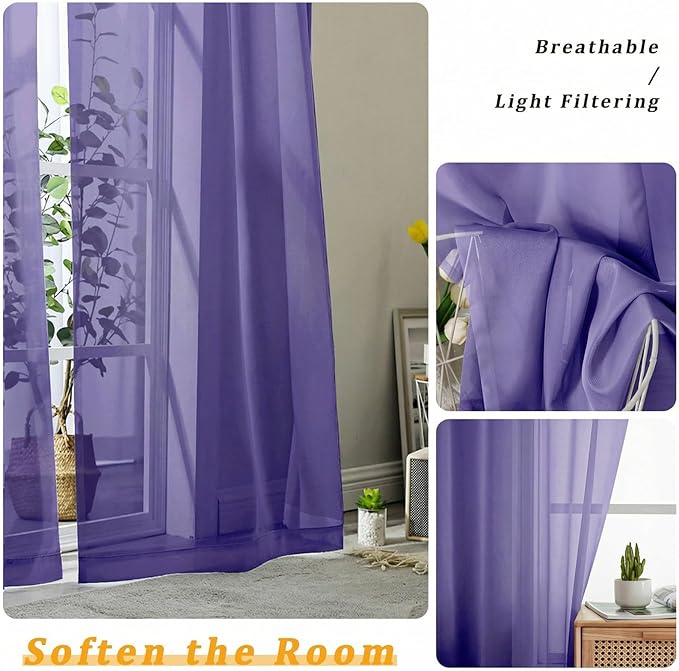 Gwine Short Kitchen Sheer Curtains 30 Inch Length - Light Filtering Voile Small Half Window Curtain for Basement, Rod Pocket Cafe Curtains for Bathroom Cabinet, 42Wx30L Inch, 2 Panels, Purple
