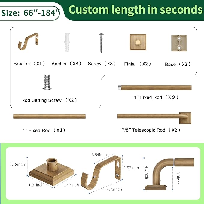 Boho Wood Grain Curtain Rods for Windows 66-184 Inch(5.5-15.3ft) Heavy Duty Wrap Around Blackout Curtain Rods, Adjustable Room Darkening Drapery Rod for Bedroom, Living Room & Outdoor, Stainless Steel