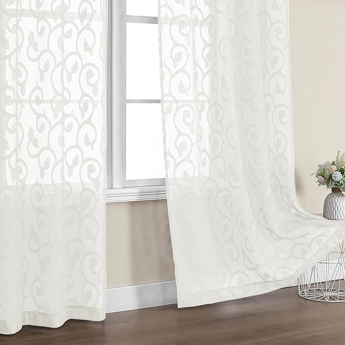 OWENIE Furman Sheer Curtains 63 inch Length for Bedroom Living Room 2 Panels Set, Jacquard Clip Textured Semi Sheer Curtains, Light Filtering Rod Pocket Farmhouse Window Treatments, Ivory, 40Wx63L
