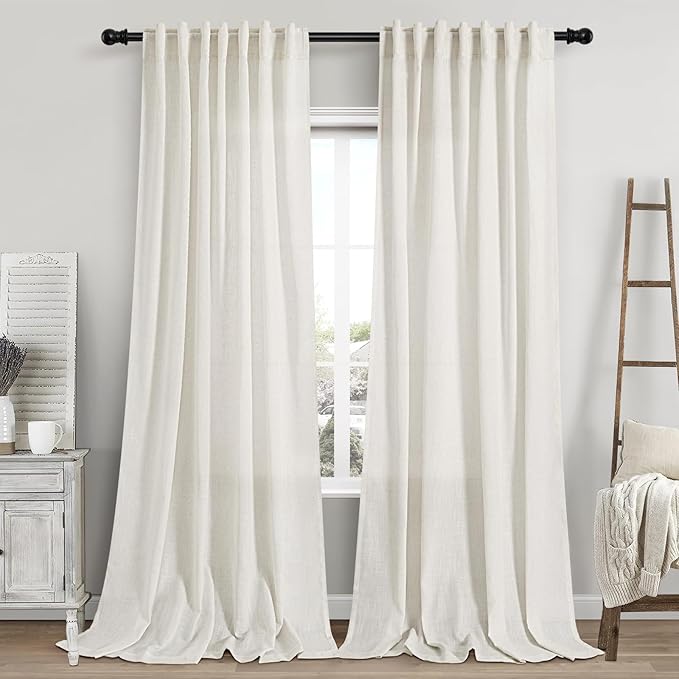 Cream Linen Curtains 101 Inches Long for Living Room Extra Long Back Tab Curtains Neutral Farmhouse Light Filtering Semi Sheer Linen Drapes Ceiling to Floor for Large Window 2 Panels Set 52x101