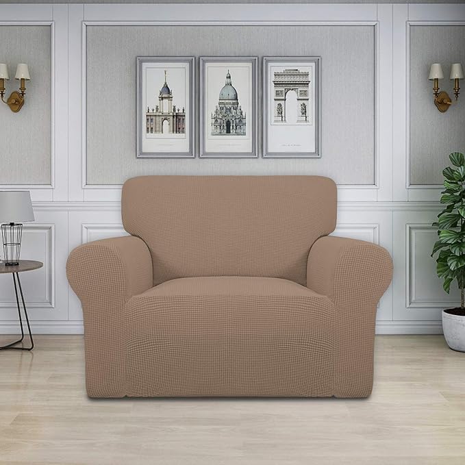 Easy-Going Stretch Oversized Chair Sofa Slipcover 1-Piece Couch Sofa Cover Furniture Protector Soft with Elastic Bottom for Kids Spandex Jacquard Fabric Small Checks Camel