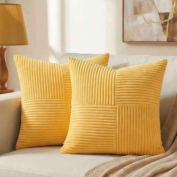 Fancy Homi 2 Packs Yellow Decorative Throw Pillow Covers 18x18 Inch for Living Room Couch Bed, Rustic Farmhouse Boho Home Decor, Soft Corss Corduroy Patchwork Textured Square Cushion Case 45x45 cm