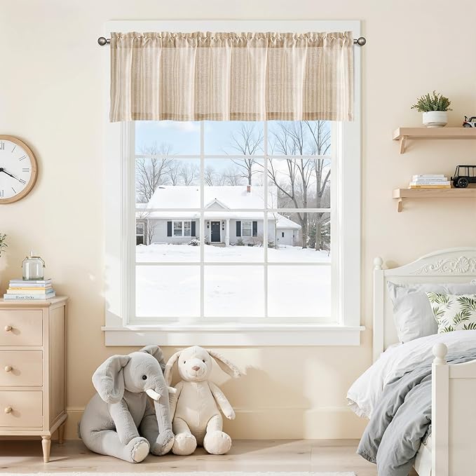 jinchan Valance Curtain Linen Textured Striped Window Curtain for Living Room Light Filtering Farmhouse Valance for Kitchen Rod Pocket 1 Panel 16 Inch Tan on Linen 1 Panel