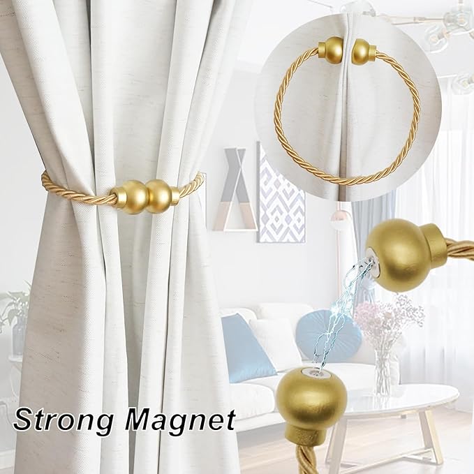 4 Pack Magnetic Curtain Tiebacks Modern Handmade Rope Curtain Tie Backs Decorative Drapes Weave Holdbacks for Home Outdoor Bedroom Office Decorative Curtain, Gold