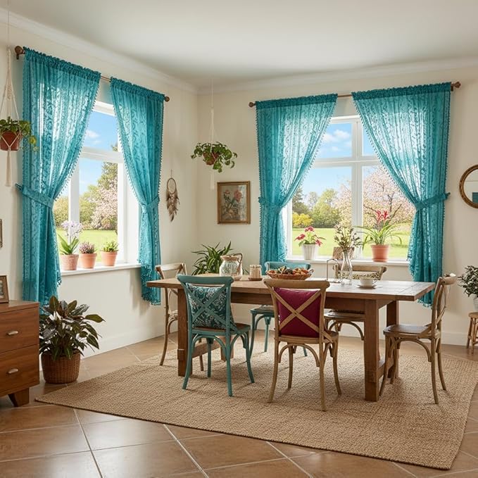 WAZZIO Boho Lace Curtains 2 Panels 63 Inch -Victorian Sheer Panel Drape French Country Floral Pattern & Tassel Light Filtering Privacy for Bedroom Dining Living Room,Coastal Decor,Teal,W52x L63