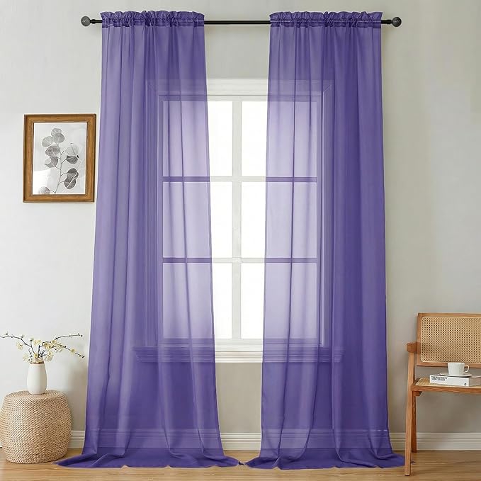 Gwine Extra Long Sheer Curtains 108 Inches Long - Light Filtering Rod Pocket Window Curtain Panels for Bedroom, Elegant Soft Voile Living Room Sheer Drapes, Each 42Wx108L, 9FT, 2 Panels, Purple