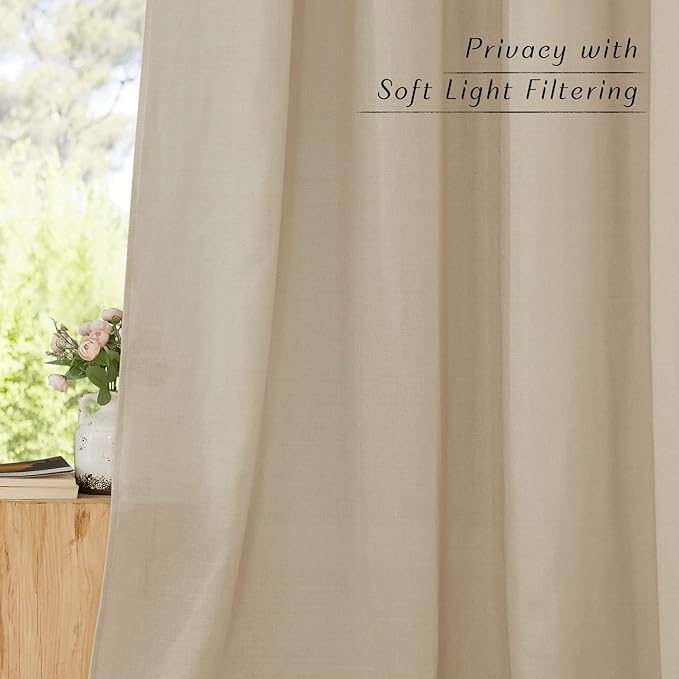 NICETOWN Rustic Linen 102 inch Long Curtains for Living Room, Grommet Privacy Added Thick Linen Weave with Light Filter Window Curtains & Drapes for Bedroom, Angora, W55 x L102, 2 Panels