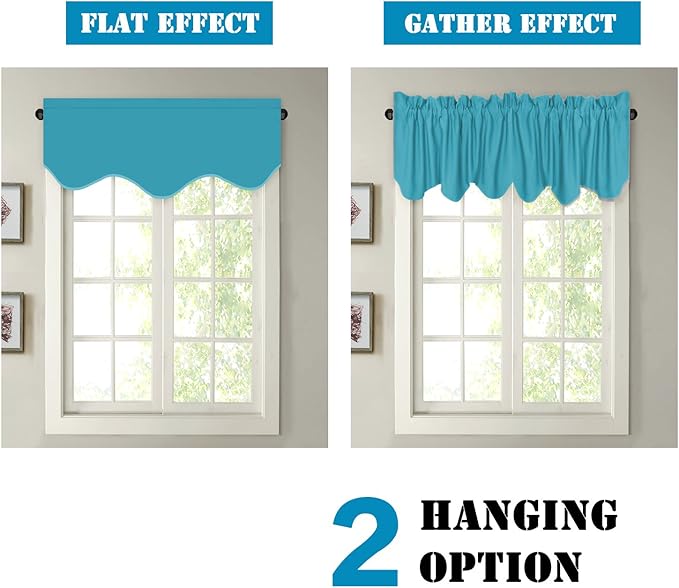 H.VERSAILTEX 2 Panels Blackout Curtain Valances for Kitchen Windows/Living Room/Bathroom Privacy Protection Rod Pocket Decoration Scalloped Window Valance Curtains, 52" W x 18" L, Turquoise Blue