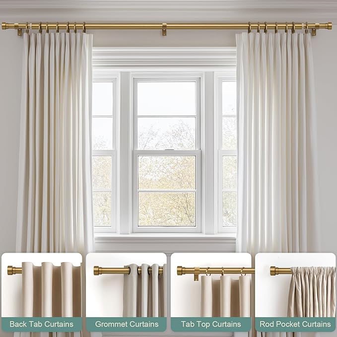 Lootkell Warm Gold Curtain Rods for Windows 48 to 84 Inches Adjustable Length Heavy Duty 1" Diameter Brass Window Curtain Rod with Solid Metal Finials for Outdoor Farmhouse Bedroom Kitchen Living Room