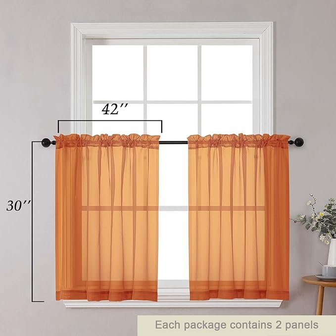 Orange Kitchen Curtains 30 Inch Length Tier 2 PCS, Solid Soft Airy Half Curtains for Windows, Orange Sheer Rod Pocket Drapes for Bathroom Basement Small Window Curtain, 42" Wx30 L Inches