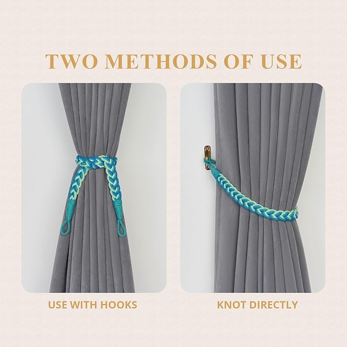 NICEEC 2 Pack Natural Cotton Rope Curtain Tiebacks Elegant Boho Style Decorative Drape Tie Backs Soft Hand-Woven Rope Curtain Holdbacks with Metal Hook for Home & Office Drapery (Gradient Blue)