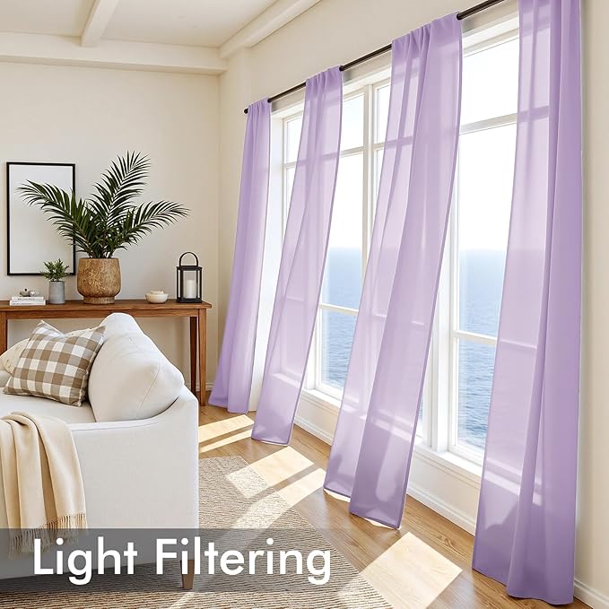 MIULEE Light Purple Sheer Curtains 108 Inches Long, 4 Panels Set, Lavender Light Filtering Rod Pocket Voile Drapes for Living Room and Bedroom, Airy Soft Fabric Window Treatments, 42 x 108 Inches