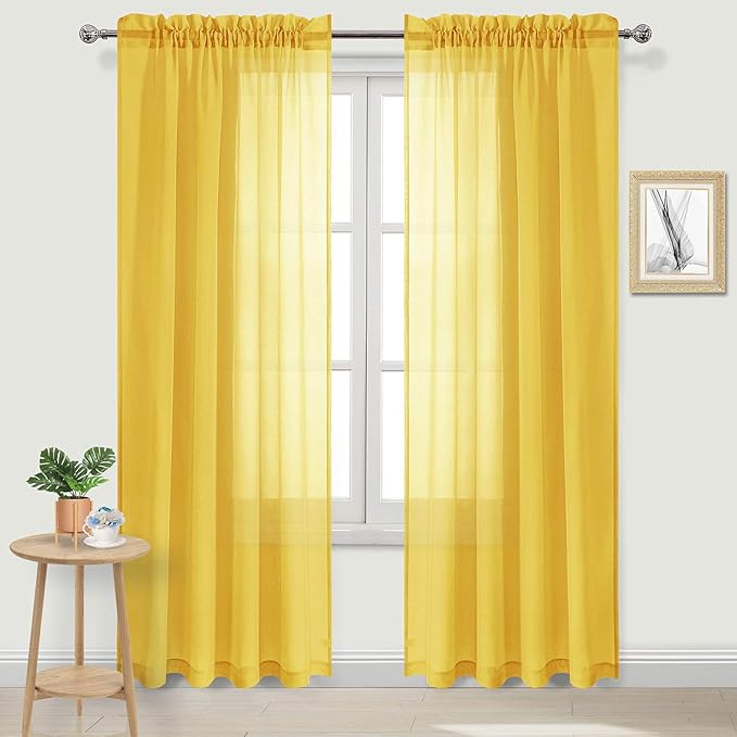 DWCN Yellow Sheer Curtains Semi Transparent Voile Rod Pocket Curtains for Bedroom and Living Room, 52 x 84 inches Long, Set of 2 Panels