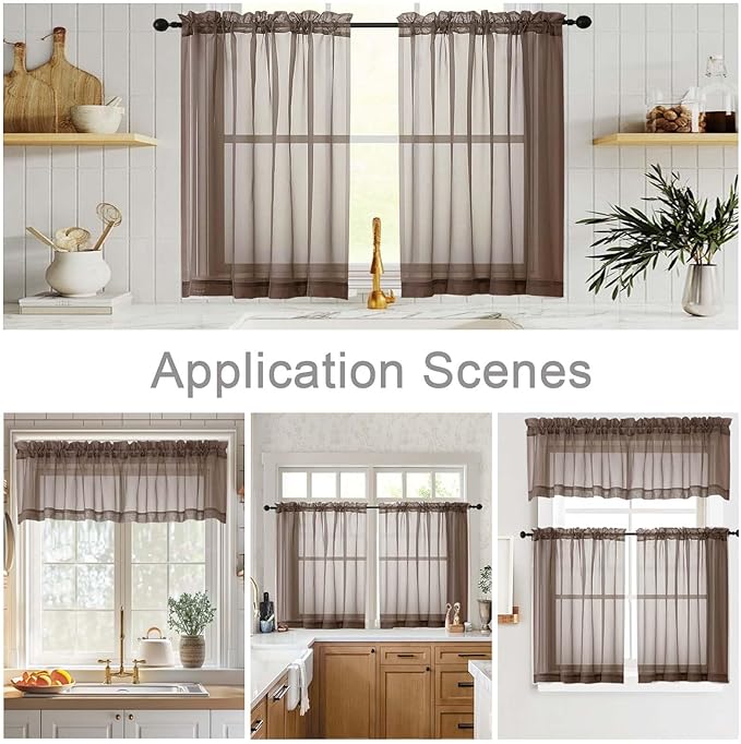 Kitchen Curtains 24 Inch Length Tier 2 Pieces, Chocolate Sheer Curtain Solid Soft Sheer Short Curtains for Windows, Cafe Bathroom Basement Rod Pocket Drapes, Chocolate, Each 42"Wx24"L Inches