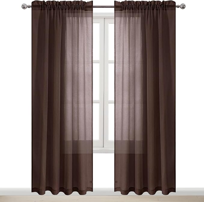 DWCN Brown Sheer Curtains Semi Transparent Voile Rod Pocket Curtains for Bedroom and Living Room, 52 x 84 inches Long, Set of 2 Panels