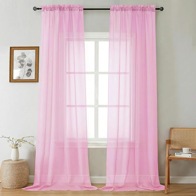 Gwine Extra Long Sheer Curtains 108 Inches Long - Light Filtering Rod Pocket Window Curtain Panels for Bedroom, Elegant Soft Voile Living Room Sheer Drapes, Each 42Wx108L, 9FT, 2 Panels, Pink