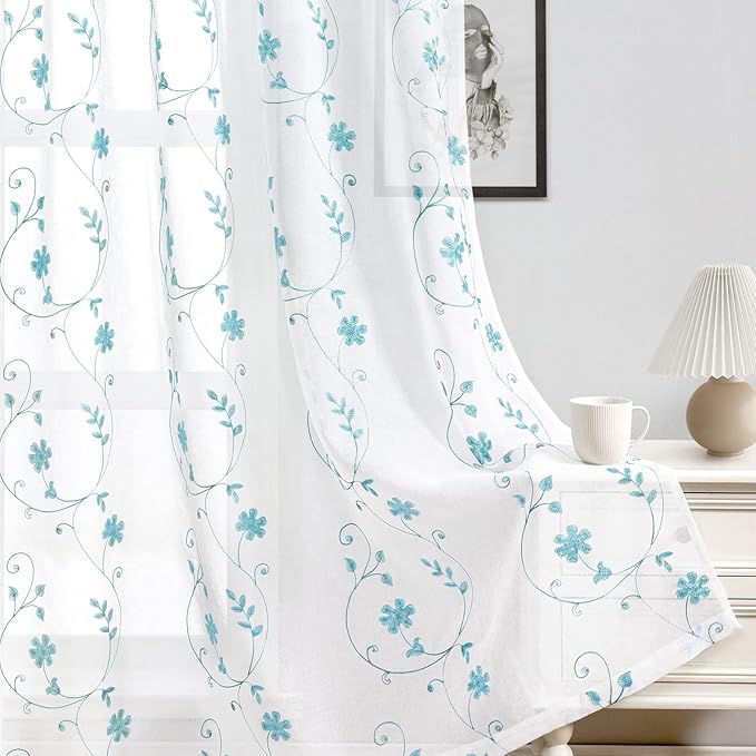 HOMEIDEAS White and Blue Embroidered Floral Sheer Curtains 63 Inch Length 2 Panels Flower Pattern Semi Sheer Window Curtains for Bedroom Living Room