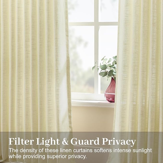 IVAPUPU Pinch Pleated Linen Curtains 102 Inches Long 2 Panels for Living Room, Light Filtering Pleat Sheer Curtain with Hooks Rings Back Tab Drapes for Bedroom Dining Room, 40Wx102L, Grey Beige
