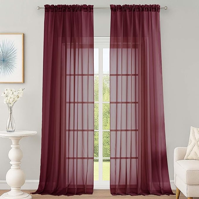 OWENIE Sheer Curtains 2 Panels Set for Bedroom Living Room, Soft Solid Rod Pocket Light Filtering Window Treatment, 2Pcs Each 59" W x 120" L, Burgundy Wine