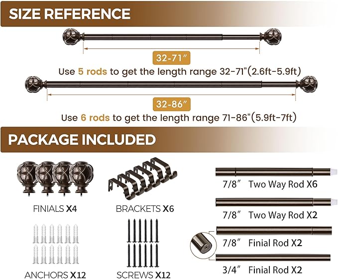 KAMANINA 2 Pack Curtain Rods for Windows 48 to 84 Inch, Antique Bronze Heavy Duty Curtain Rod Adjustable, 7/8 Inch Single Decorative Drapery Rods 32 to 86 Inch(2.6-7.1Ft), Netted Texture Finials