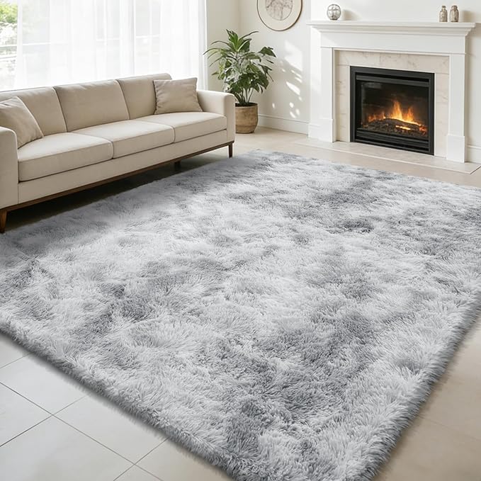 9x12 Fluffy Area Rugs for Living Room,Large Fuzzy Shag Area Rug for Bedroom,Soft Non-Shedding Indoor Plush Carpet for Kids Bedroom Nursery Home Decor,Tie-Dyed Grey