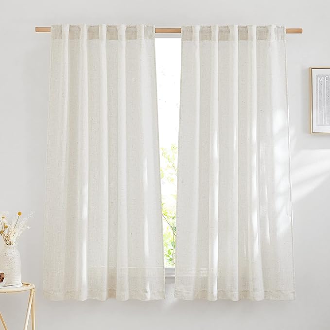 NICETOWN Semi Sheer Curtains 72 inches Long Linen Blend, Rod Pocket & Back Tab Window Treatments Privacy with Light Penetration Bedroom Curtains for Loft/Villa, Natural, W52 x L72, 2 Panels