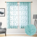 HOMEIDEAS Turquoise Aqua Sheer Curtains 52 X 63 Inches Length 2 Panels Embroidered Leaf Pattern Pocket Faux Linen Floral Teal Voile Window Drapes for Bedroom Living Room
