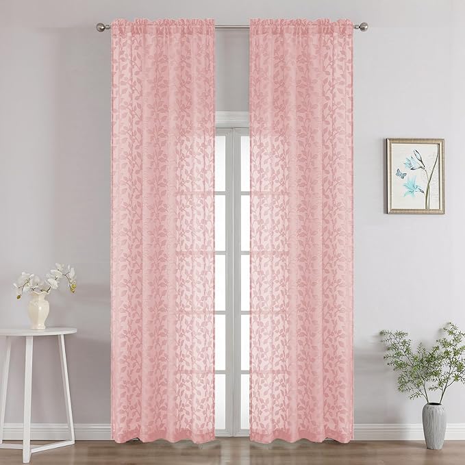 Chyhomenyc Blush Pink Sheer Curtains 96 Inch Length 2 Panels Set, Light Filtering Tufted Textured Soft Airy Rod Pocket Gentle Leaf Window Treatment Drapes for Bedroom Living Room, 42" Wx96 L, 2PCS