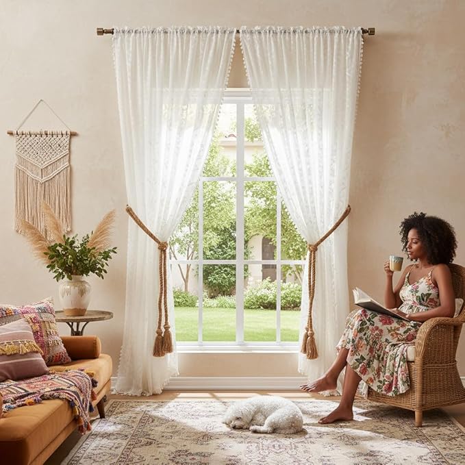 WAZZIO White Boho Lace Curtains 84 Inch -Cute Vintage Victorian Sheer Panel Drape French Country Floral Pattern & Tassel Light Filtering Privacy for Bedroom Dining Living Room,2 Panels,W52 x 84L