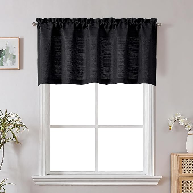 Chyhomenyc Black Short Curtain Valance for Windows, Faux Linen Textured Half Window Curtains, Burlap Solid Topper Small Curtain Valance for Bathroom Laundry Basement, 60Wx24L Inch, 1 Piece