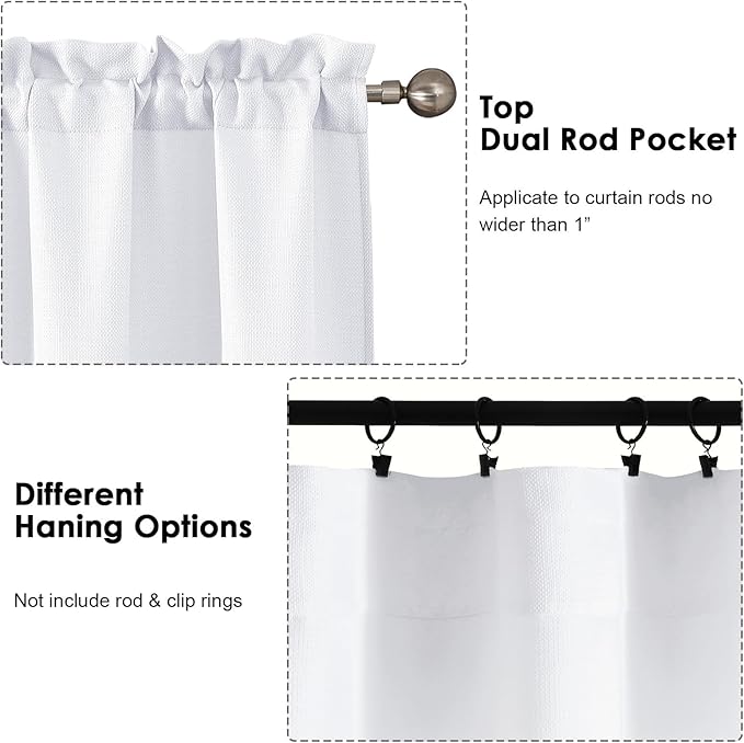 OWENIE Bob 1 PCS White Valances for Windows, Faux Linen Textured Kitchen Window Curtains Valance for Bedroom Living Room, Modern Soft Airy Solid Rod Pocket Bathroom Cafe Curtain, 60Wx14L Inch