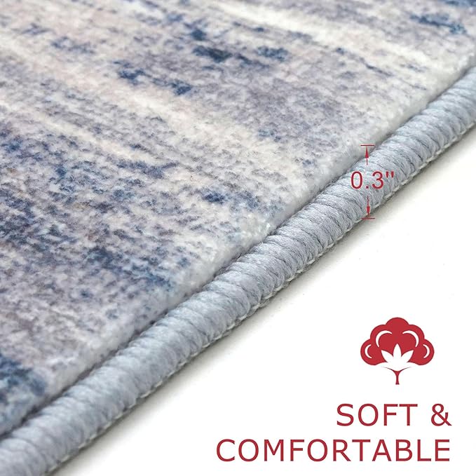 KOZYFLY Modern Abstract Washable Rug Runner 2.6x14 Hallway Rug Runner Non-Slip Soft Kitchen Runner Rugs, Grey-Blue Striped Carpet for Entryway Bathroom Laundry Room Foyer