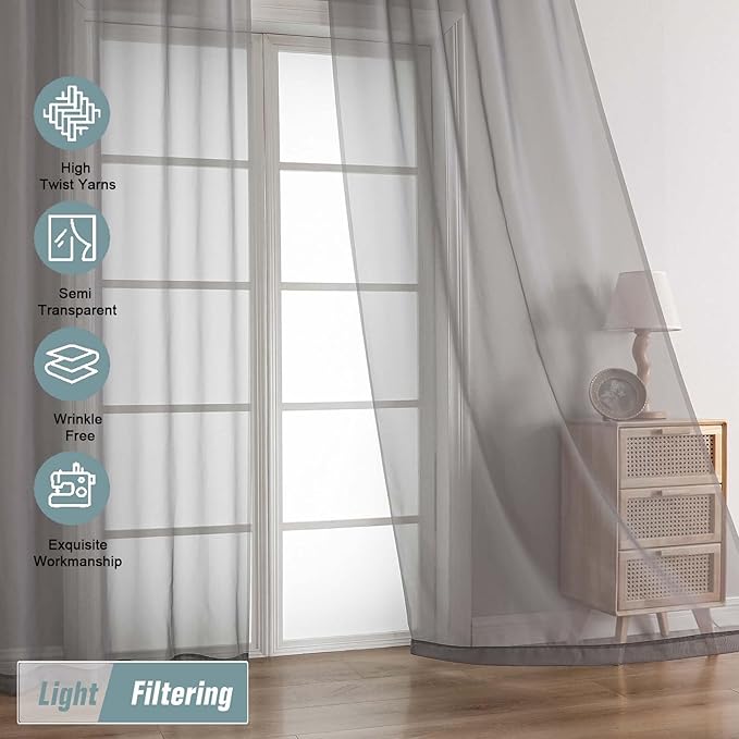 Grey Sheer Curtains for Windows 108 inches Long 2 Panels Set, Soft Airy Lightweight Drapes for Living Room Bedroom, Dual Rod Pocket Sheer Curtains, Charcoal Grey, 2x42Wx108L inches
