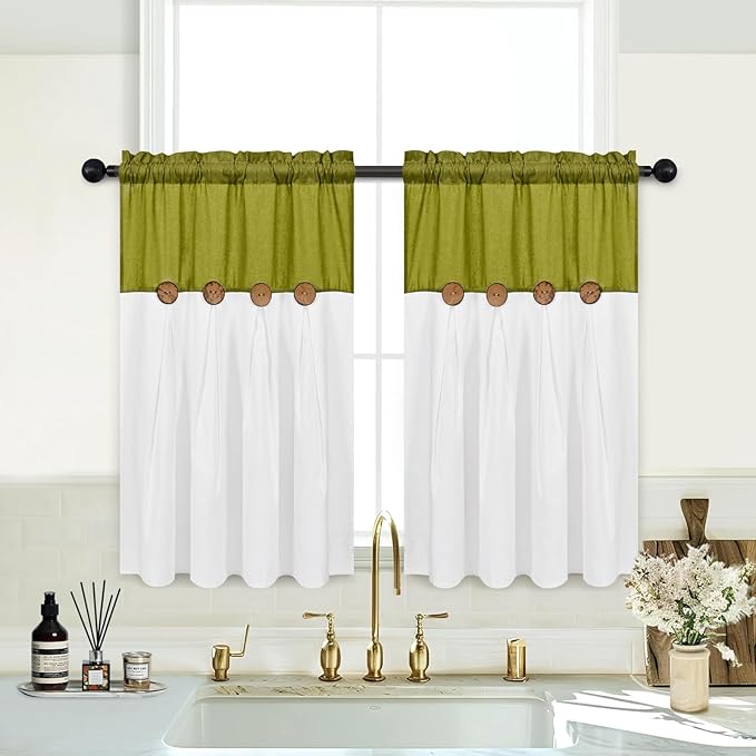 FRAMICS Farmhosue Kitchen Curtains 36 Inch Length, Rustic Cotton Linen Tier Curtains, Boho Button Short Curtain for Windows, Rod Pocket Small Window Curtain, Fresh Green and White, 26x36