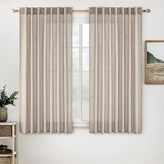MIULEE Natural Linen Curtains 54 Inch Length 2 Panels for Bedroom Living Room, Soft Linen Textured Window Drapes Semi Sheer Light Filtering Back Tab Rod Pocket Farmhouse Modern Burlap Look Decor