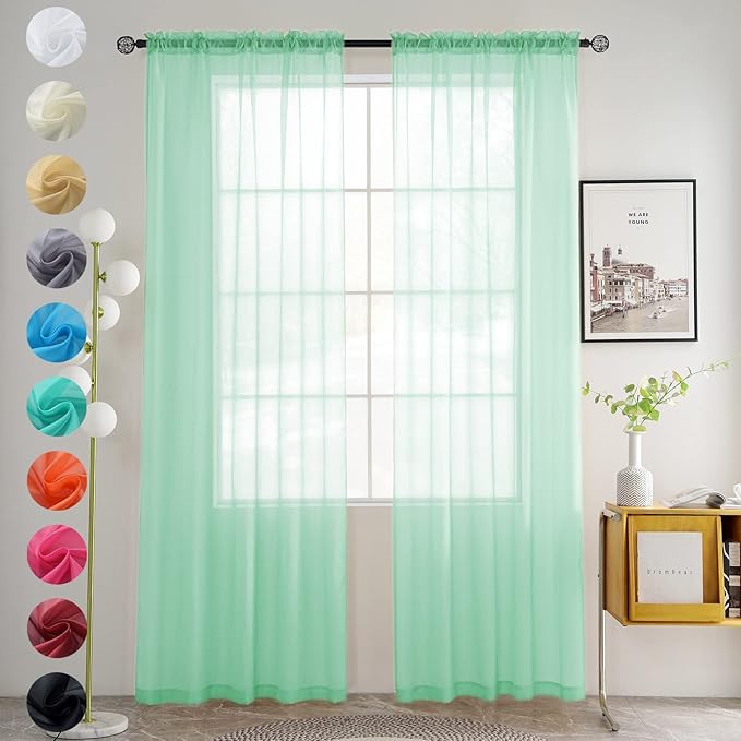 youleyar Solid Sheer Rod Pocket Curtain Voile Draperies 2 Panels White Beige Black Grey Coffee 52 Inch Width 96 Inch Long 1 Pair for Kitchen Bedroom Children Living Room Yard (Light Green,52Wｘ96L)