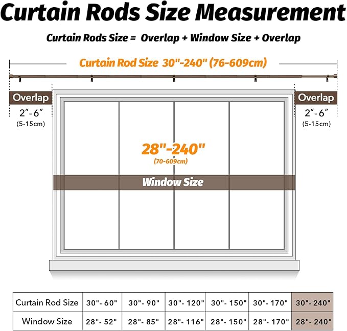 GEEBOBO Bronze Curtain Rods for Windows 120 to 240 Inch, 1 Inch Extra Long Heavy Duty Easy Install Adjustable Curtain Rods Set for Outdoor, Farmhouse, Bedroom, Living Room (Bronze, 30"-240")