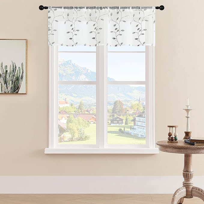 MRTREES Sheer Voile Curtain Valances 2 Panels, Leaves Embroidered Valance Curtains Rod Pocket, Small Sheer Window Curtains Treatment for Bedroom/Living Room/Kitchen/Basement(Grey Leaves, 54x16 Inches)