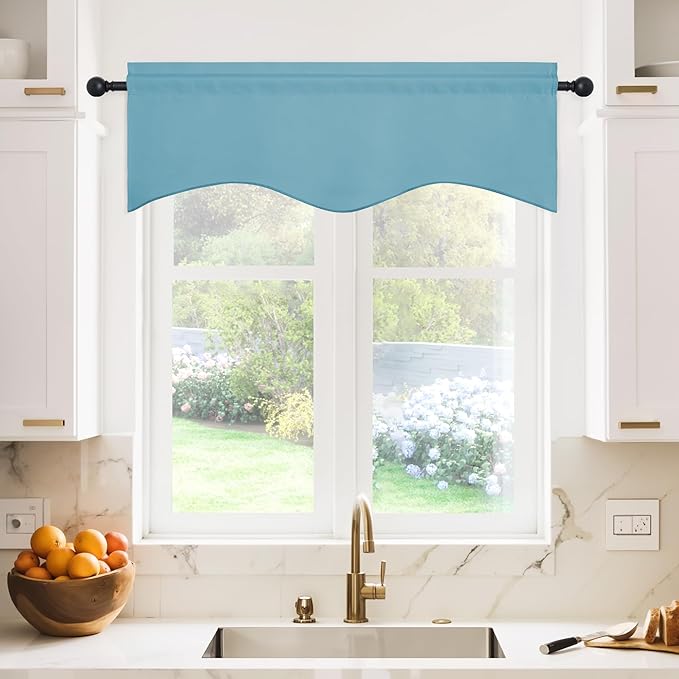NICETOWN 2 Panels Window Valances Farmhouse 42 x 18 inch Long Window Treatment Thermal Insulated Room Darkening Curtain Valances Rod Pocket for Kitchen/Living Room, Teal Blue